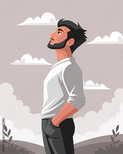 Thoughtful man looking up at the sky. Freedom  concept. Illustration.
