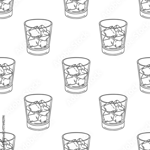 Seamless pattern of hand drawn whiskey glasses with ice cubes. Drinks background.