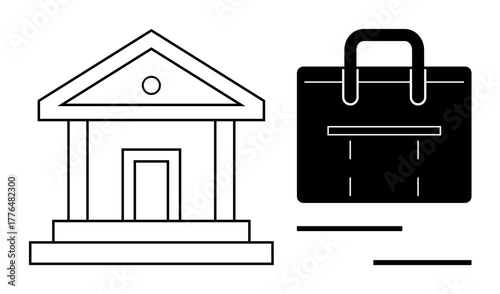 Building outline signifying a bank beside a business briefcase. Ideal for finance, banking, business, organization, management, strategy, economic growth. Simple flat metaphor