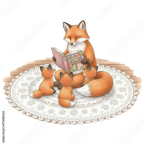 A heartwarming depiction of familial love as a mother fox reads a storybook to her adorable kits, surrounded by a cozy atmosphere of warmth and togetherness.