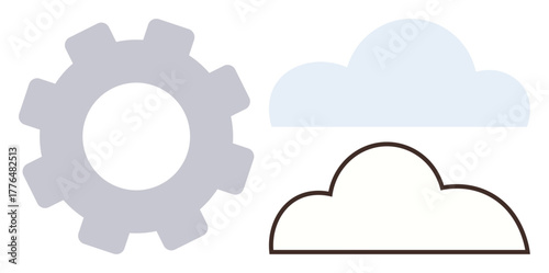 Gear and cloud shapes evoke themes of engineering, cloud computing, process optimization, and infrastructure. Ideal for concepts of technology, innovation, connectivity, development, device