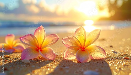 Two delicate pink and yellow plumeria flowers rest on a sandy beach near the ocean at sunrise with sparkling light highlights on petals and warm golden sun flare in the background.