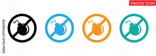 No bombs allowed signs in black blue orange and green.Simple Black and White Bomb Icons.Two contrasting black and white bomb icons, perfect for representing danger, security, or military themes.
