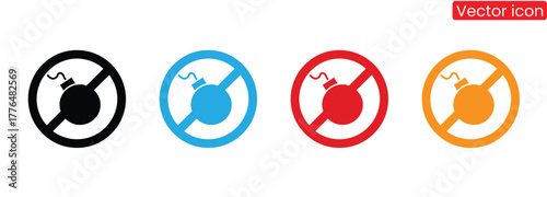 No bombs allowed signs in black blue orange and green.Simple Black and White Bomb Icons.Two contrasting black and white bomb icons, perfect for representing danger, security, or military themes.