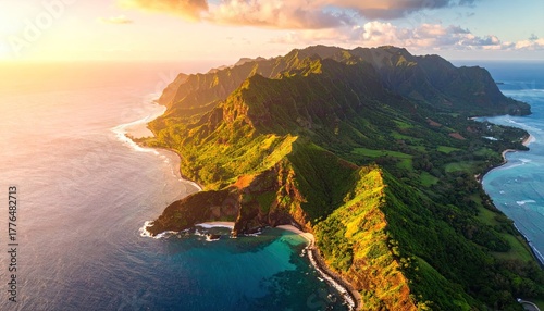 Tropical Island Mountain Range at Golden Hour Aerial View Showing Lush Green Vegetation Jagged Cliffs and Turquoise Ocean Water