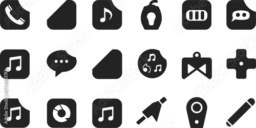 User interface icons, black symbol set, flat vector design, mobile app elements, minimal UI, digital tools, technology concept, stylus