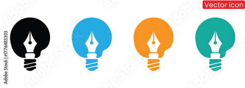 Pen nib lightbulb icons creative idea solutions concept.Fountain pen with speech bubble and light bulb icon. Concept of creativity, art, design, idea. Vector illustration, flat design