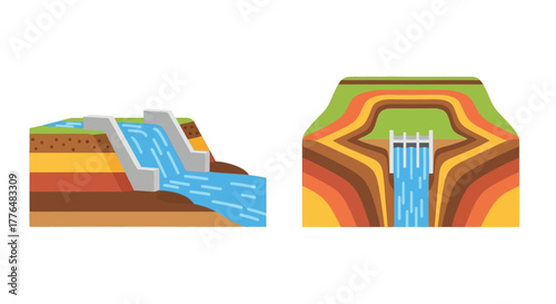 Illustration of a dam and canyon cross section showing water flow