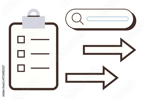 Clipboard with tasks, search bar, and rightward arrows highlight workflow, task management, and navigation. Ideal for planning, data flow, organization, productivity workflow guidance concepts