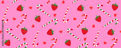 Seasonal holiday design for Valentines day or Christmas.  Seamless pattern of strawberries, festive candy canes, and cute small hearts,  a playful, sweet, and cheerful theme on a pink background. 