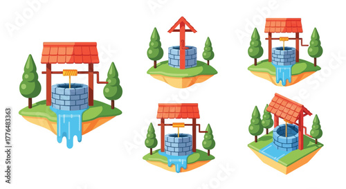Cartoon illustration of six floating islands with water wells and trees