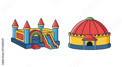 Colorful inflatable castle and a traditional central asian yurta structure