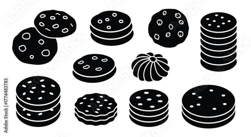 Black and white illustration of various stacked and single cookies