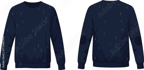 Navy blue sweatshirt, crew neck, vertical dash pattern, elbow patch detail, front and back view, casual wear, fashion illustration, apparel