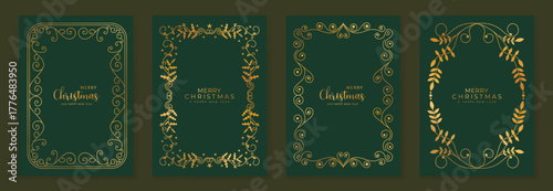 Elegant gold floral Christmas card set on emerald green background for festive invitation and new year event