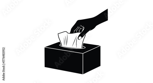 A hand reaching into a box of tissues simple black and white illustration