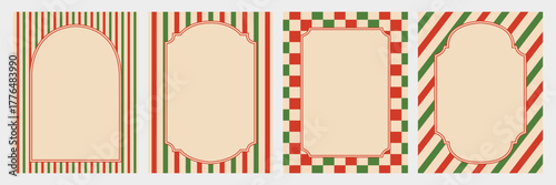 Christmas vintage frame set. Retro holiday card design with red and green stripes, checkerboard, and candy cane borders. 