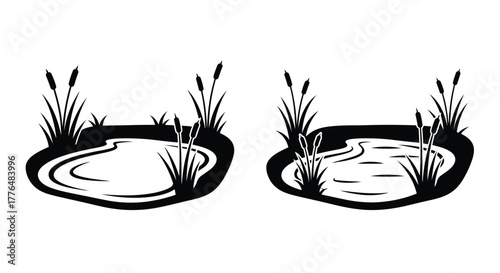 Black and white illustration depicting two small ponds with surrounding reeds