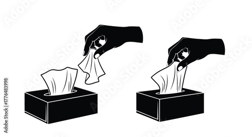 Two hands reaching for tissues from black boxes minimalist illustration