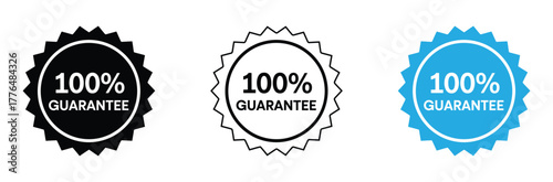 Bold 100% Guarantee badges in black, white, and blue offer assurance for quality and satisfaction in any project