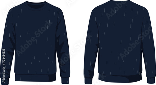 Navy blue sweatshirt, vertical white lines, crew neck, fashion sketch, front and back view, minimalist style, apparel design, vector illustration