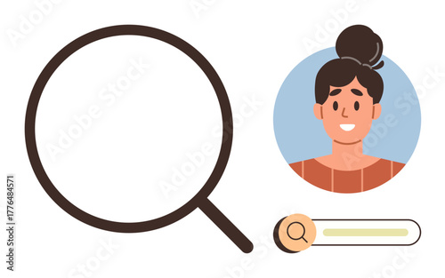 Magnifying glass highlights a search concept with a smiling woman in a circle and a search bar. Ideal for recruitment, personal profile, hiring, identity search, online lookup, exploration, simple