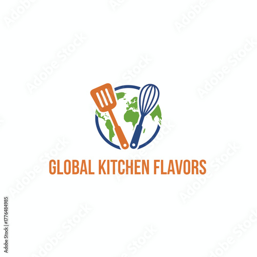 Colorful logo featuring cooking tools like spatula and whisk placed on a globe, with bold text below