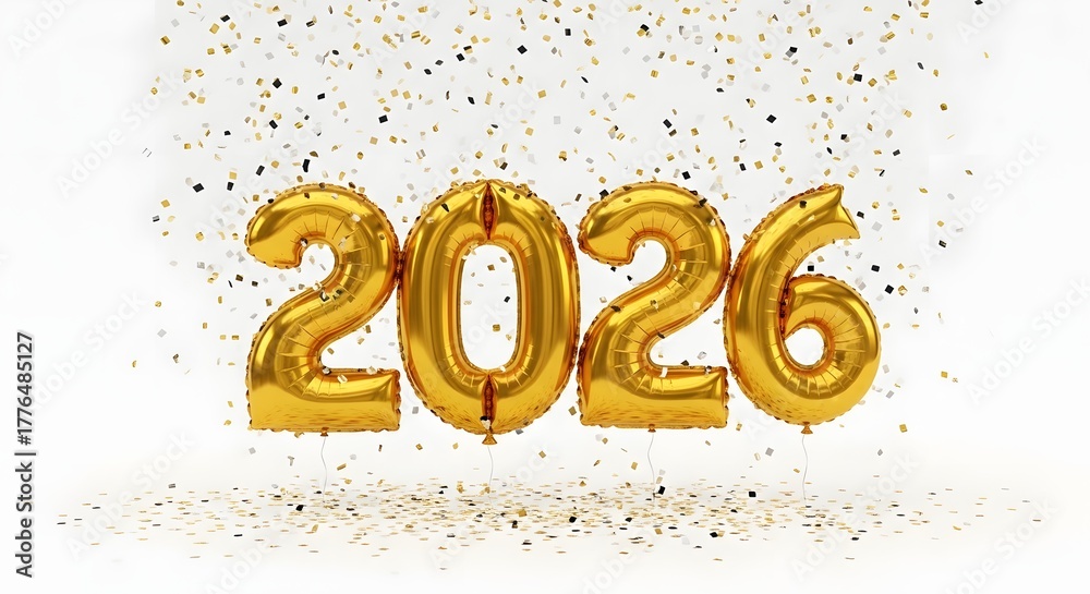 Fototapeta premium Golden balloons forming the year 2026, isolated on white background