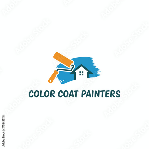 A painting-themed logo. Depicts a roller and house silhouette with color strokes and text below