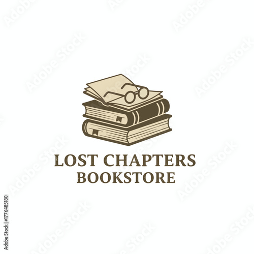 A stack of books, pages, and glasses, with text below. Colors brown, beige, and white