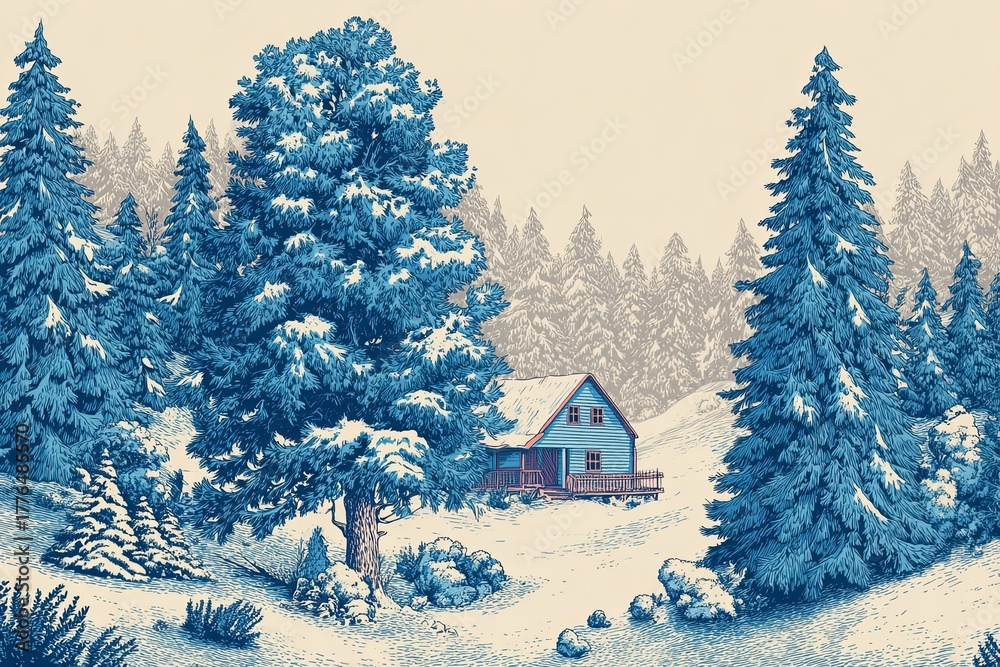 Naklejka premium Idyllic winter landscape features a rustic dwelling nestled among heavily snow-laden evergreen trees