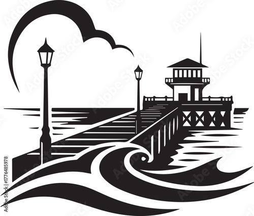 Black and white pier with waves and lampposts illustration