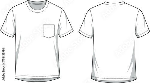 Plain white T-shirt, front and back view, chest pocket, fashion sketch, apparel template, garment design, clothing mockup, technical illustration