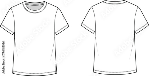 Plain white t-shirt front and back view, fashion flat sketch, apparel template, crew neck tee, garment design, vector illustration