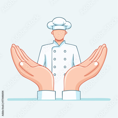 Chef in white uniform and hat with open hands in front of him presenting something against a light blue background
