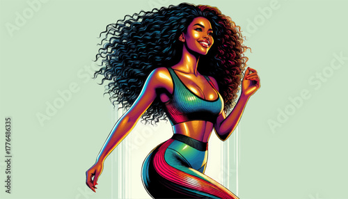 athletic woman dancing joyfully in sporty clothing with voluminous curly hair and bright colors. Generative ai vector colorful pop art illustration.