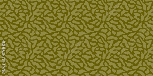 Abstract vector organic pattern. Khaki green seamless texture with organic cut-out shapes, spots, cellular grid. Simple camouflage background. Repeated geo design for print, fabric, textile, package