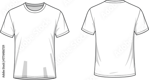 Plain white t-shirt, front and back view, crew neck, short sleeve, fashion sketch, apparel design, garment template, vector illustration