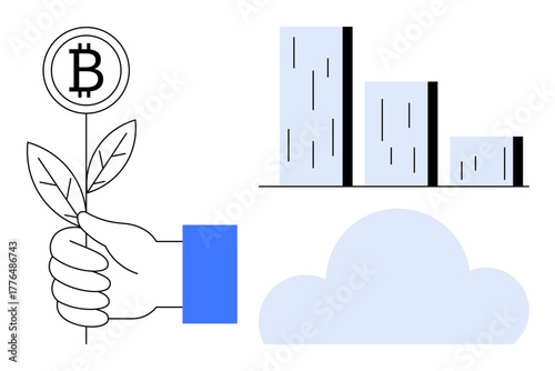 Hand nurturing Bitcoin sprout, vertical bar chart symbolizing progress, cloud for interconnected technology. Ideal for cryptocurrency, finance, investment, growth, innovation, sustainability cloud
