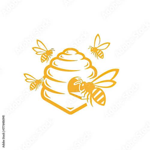 Honeybees buzzing around a hive illustration; ideal for natural honey product branding, beekeeping promotion, or environmental awareness initiatives