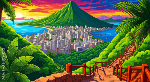 Scenic illustration of a coastal city nestled between a lush green mountain and the ocean at sunset