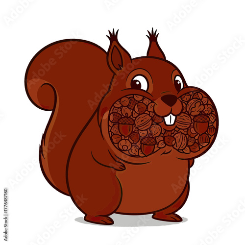 Adorable cartoon squirrel gleefully hoarding nuts and acorns, cheeks stuffed full, perfect for autumn themed designs and whimsical seasonal promotions