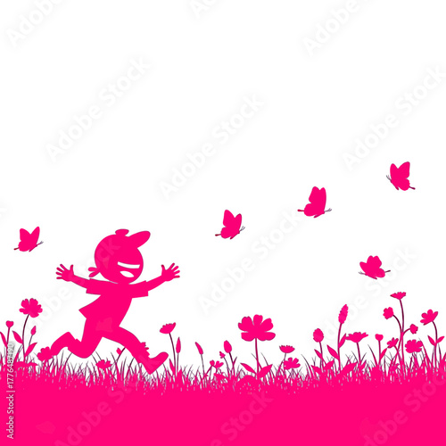 Joyful child running through a whimsical flower meadow with butterflies, vibrant energy and carefree spirit, perfect for children's designs and playful themes