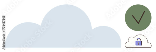 Large cloud shape, green checkmark, small locked cloud icon. Ideal for security, cloud computing, data privacy, protection, verification digital safety online storage. Simple flat metaphor