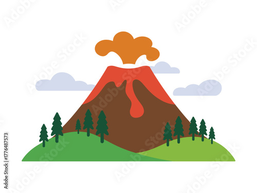 Volcano illustration eruption landscape nature mountain trees clouds vector