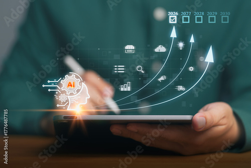Artificial intelligence growth concept with digital icons and upward arrows on tablet screen, symbolizing AI innovation, business technology development, and future data-driven strategy success.