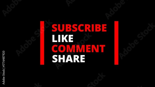 Modern “Subscribe Like Comment Share” text animation in bold red and white design with transparent background, perfect for video intros, outros, and social media promotion. alpha channel