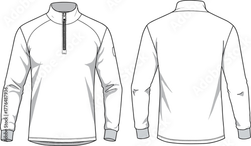 Quarter zip pullover technical sketch, raglan sleeve design, fashion flat drawing, long sleeve top, apparel template, garment illustration, vectorQuarter zip pullover technical sketch, raglan sleeve 