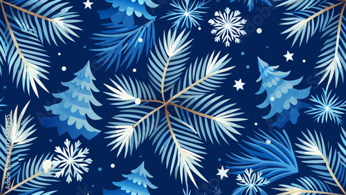 Vector illustration of a serene winter background featuring lush blue pine branches adorned with cone, white stars and delicate white snowflakes on a deep dark blue backdrop