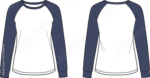 Raglan sleeve shirt, long sleeve top, fashion flat, garment sketch, white body, blue sleeves, apparel design, clothing template, vector illustration, casual wear